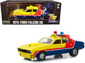 1974 Ford Falcon XB 4-Door Sedan RHD (Right Hand Drive) Yellow and Blue with Red Stripes "MFP 508" "First of the V8 Interceptors" (1979) Movie 1/18 Diecast Model Car by Greenlight