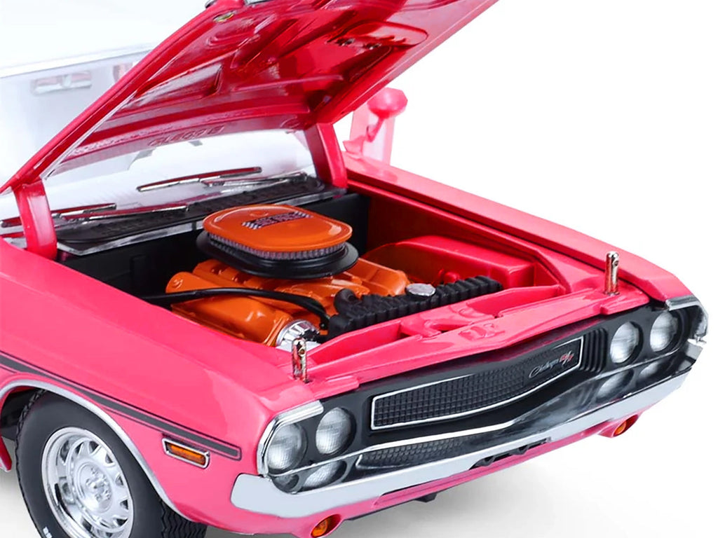 1970 Dodge Challenger R/T 440 Six Pack Panther Pink with Black Stripes White Top and White Interior 1/18 Diecast Model Car by Greenlight