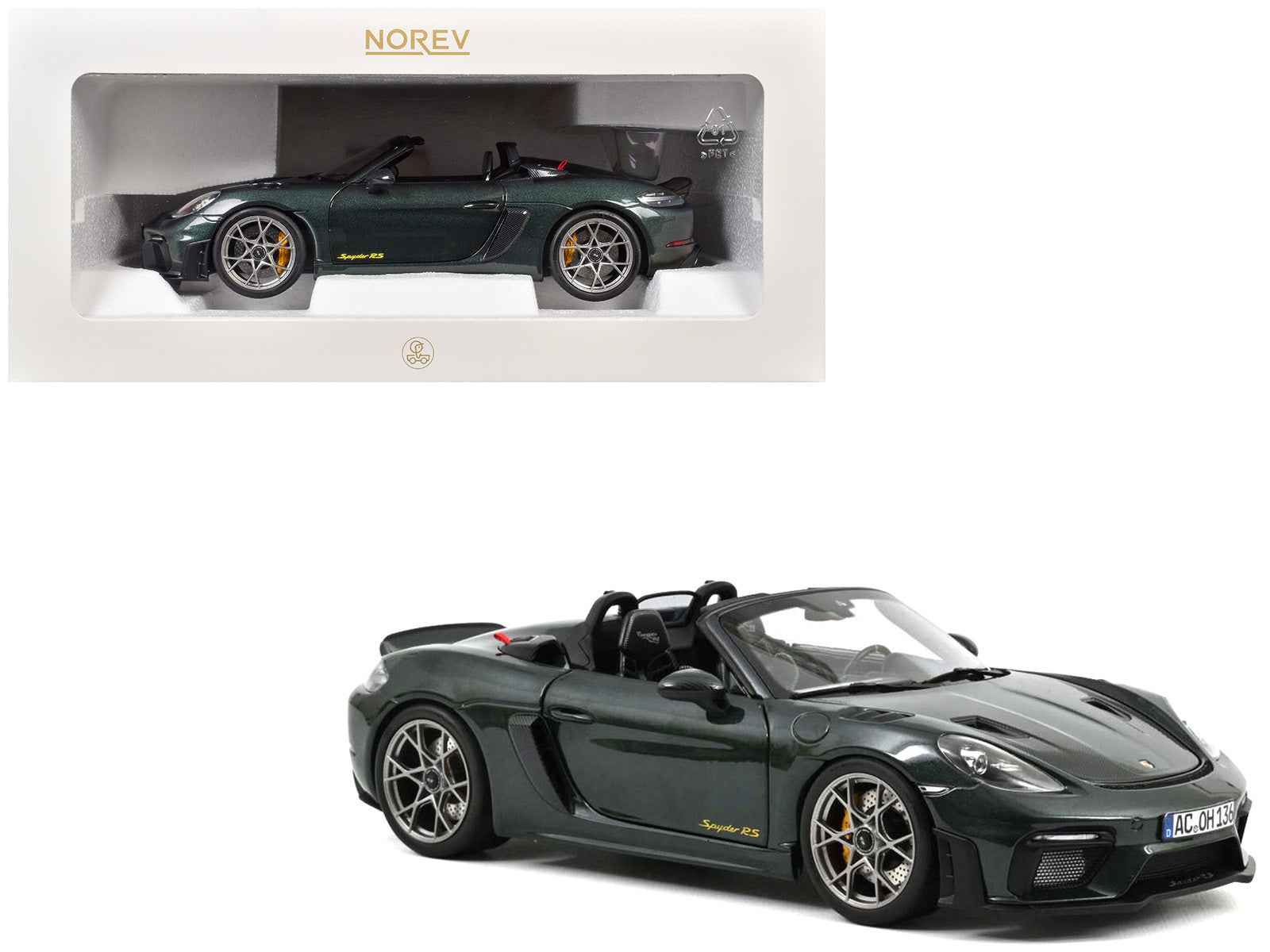 2023 Porsche 718 Spyder RS Weissach Pack Forest Green Metallic with Carbon Hood Stripes 1/18 Diecast Model Car by Norev