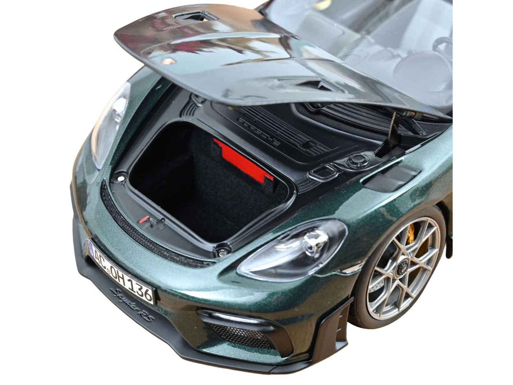 2023 Porsche 718 Spyder RS Weissach Pack Forest Green Metallic with Carbon Hood Stripes 1/18 Diecast Model Car by Norev