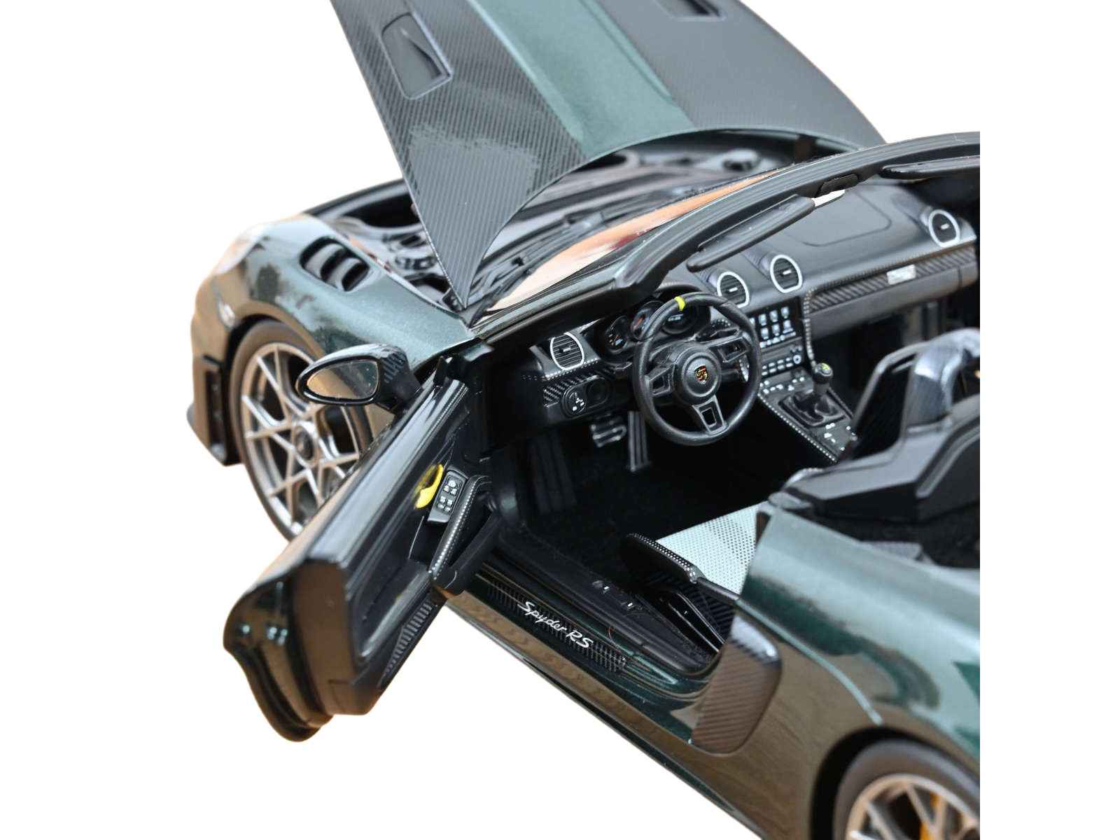 2023 Porsche 718 Spyder RS Weissach Pack Forest Green Metallic with Carbon Hood Stripes 1/18 Diecast Model Car by Norev