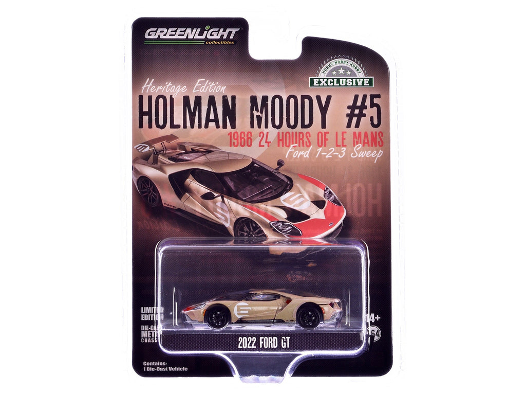 2022 Ford GT Heritage Edition #5 Holman-Moody "1966 24 Hours of Le Mans Ford 1-2-3 Sweep Tribute" Gold Metallic with Red Accents "Hobby Exclusive" Series 1/64 Diecast Model Car by Greenlight