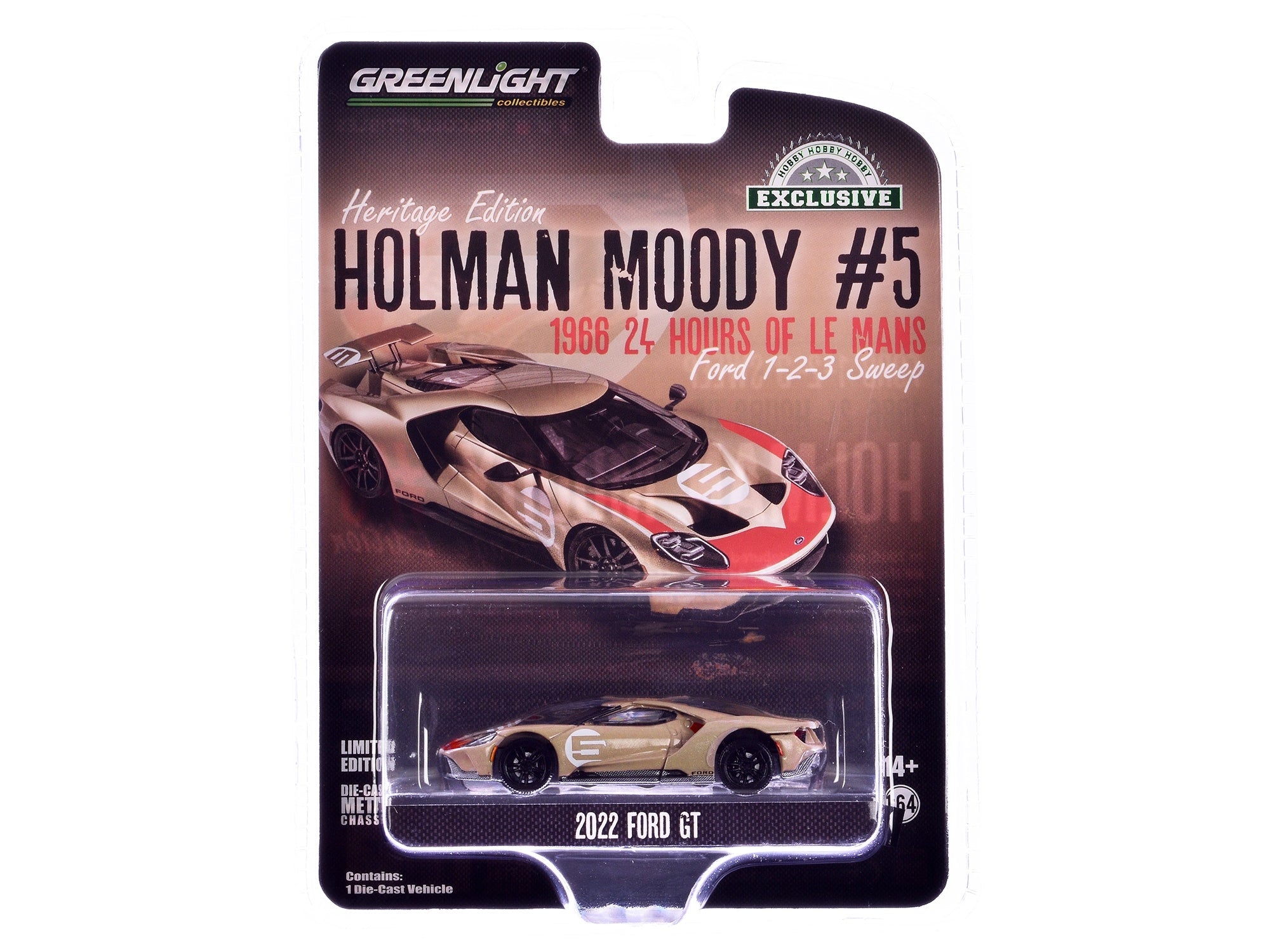 2022 Ford GT Heritage Edition #5 Holman-Moody "1966 24 Hours of Le Mans Ford 1-2-3 Sweep Tribute" Gold Metallic with Red Accents "Hobby Exclusive" Series 1/64 Diecast Model Car by Greenlight