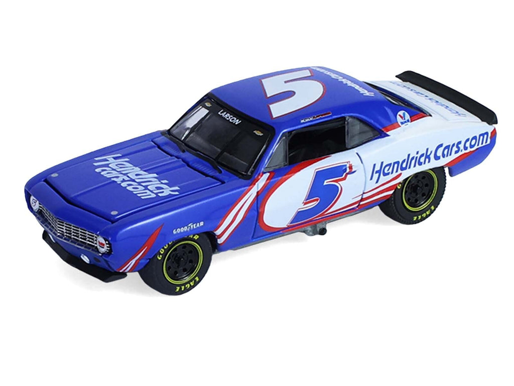 1986 Chevrolet K5 Blazer Blue and White and 1969 Chevrolet Camaro #5 Blue and White "Kyle Larson - Hendrick Motorsports" with Tandem Car Trailer "Racing Hitch & Tow" Series 6 1/64 Diecast Model Cars by Greenlight