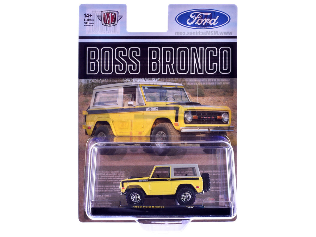 1969 Ford Bronco Yellow with Black Stripes and Gray Top Limited Edition to 6380 pieces Worldwide 1/64 Diecast Model Car by M2 Machines