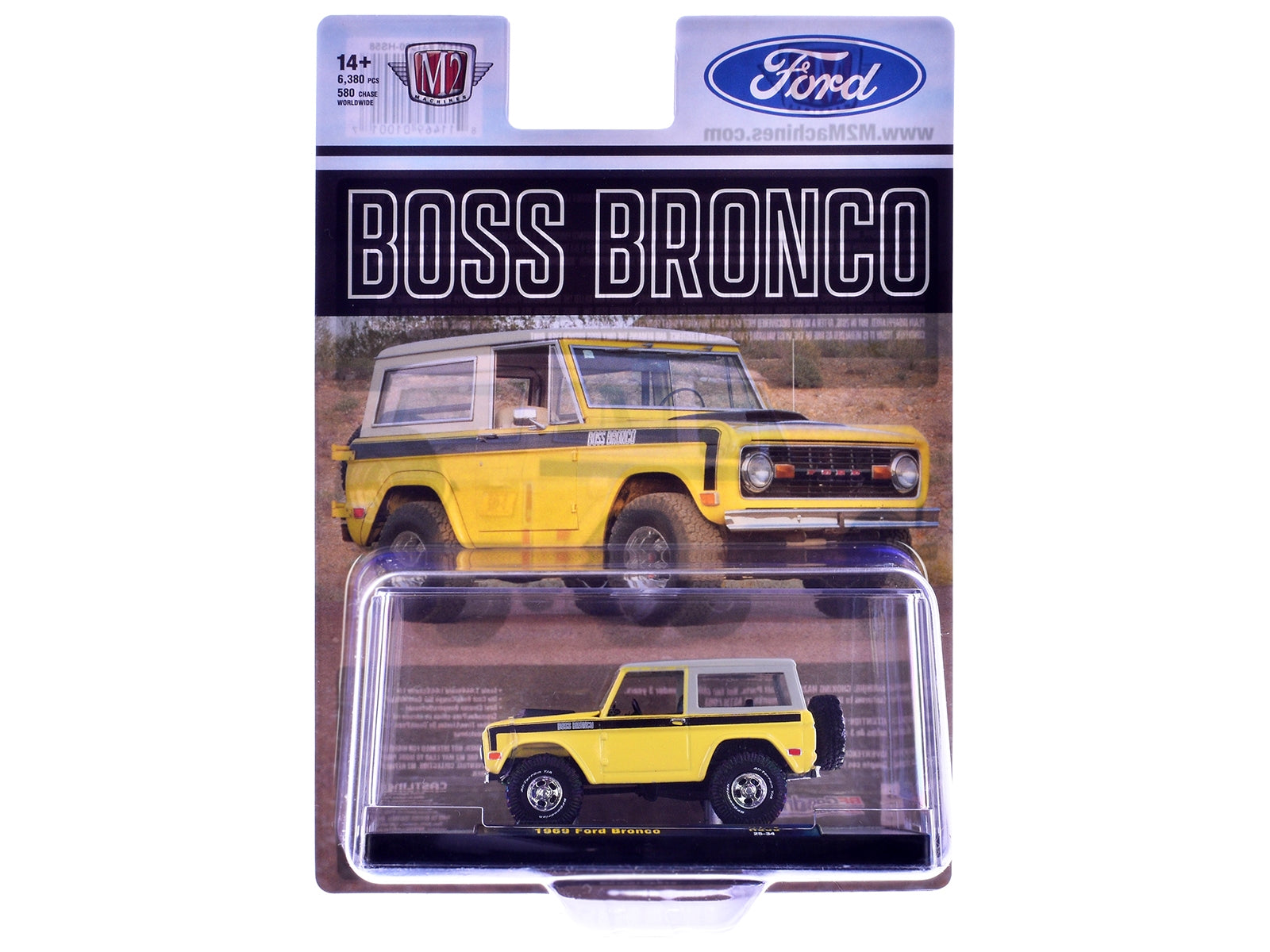 1969 Ford Bronco Yellow with Black Stripes and Gray Top Limited Edition to 6380 pieces Worldwide 1/64 Diecast Model Car by M2 Machines