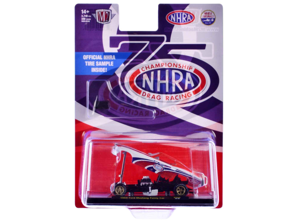 1969 Ford Mustang Funny Car "NHRA 75 Years" Red and White with Graphics Limited Edition to 3740 pieces Worldwide 1/64 Diecast Model Car by M2 Machines
