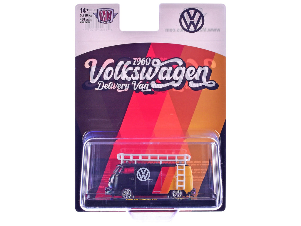 1960 Volkswagen Delivery Van Black with Stripes and White Roof Rack Limited Edition to 5280 pieces Worldwide 1/64 Diecast Model Car by M2 Machines