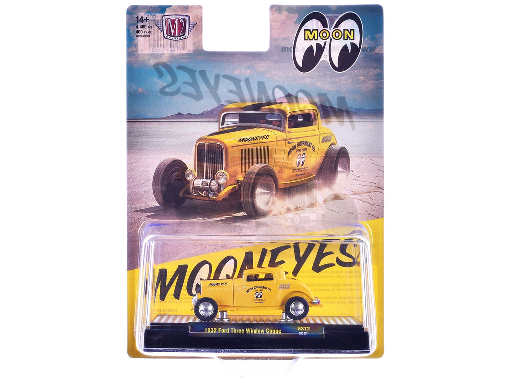 1932 Ford Three-Window Coupe "MoonEyes" Yellow with Black Stripe Limited Edition to 4400 pieces Worldwide 1/64 Diecast Model Car by M2 Machines