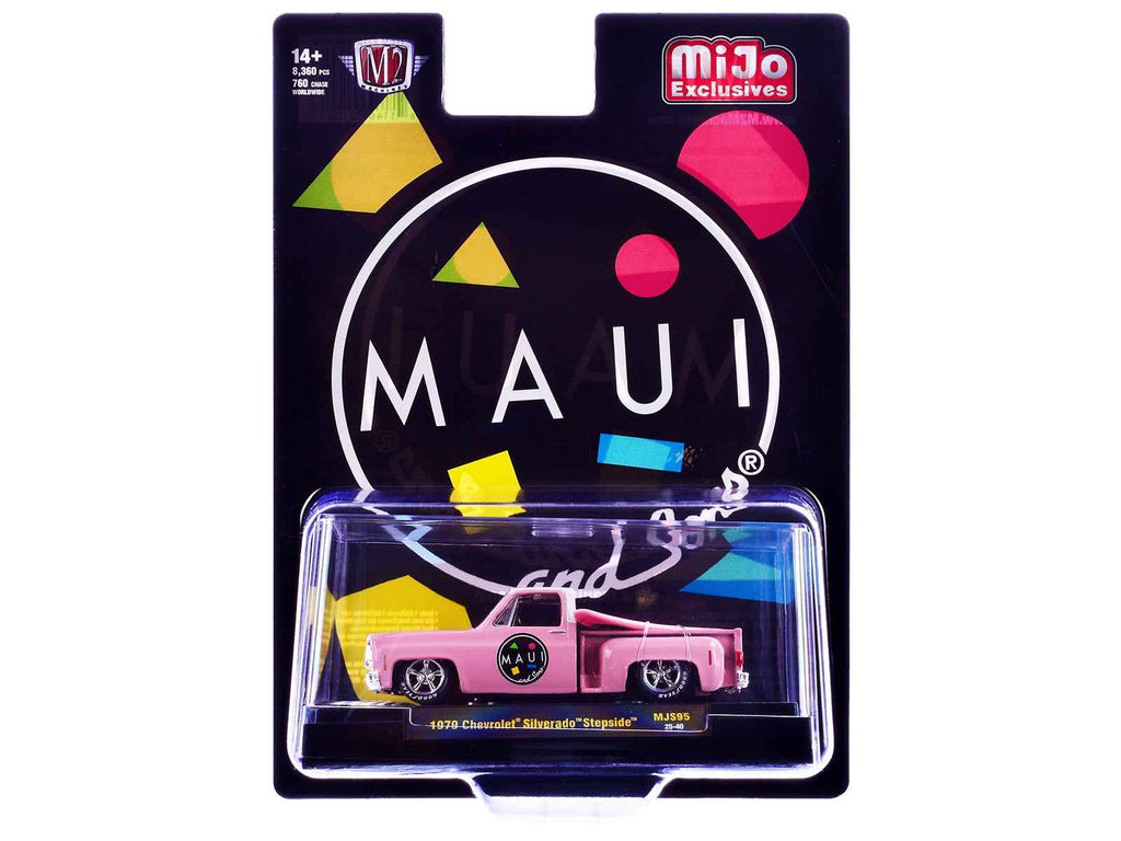 1979 Chevrolet Silverado Stepside Pickup Truck "Maui & Sons" Pink with White Top and Surfboard Limited Edition to 8360 pieces Worldwide 1/64 Diecast Model Car by M2 Machines