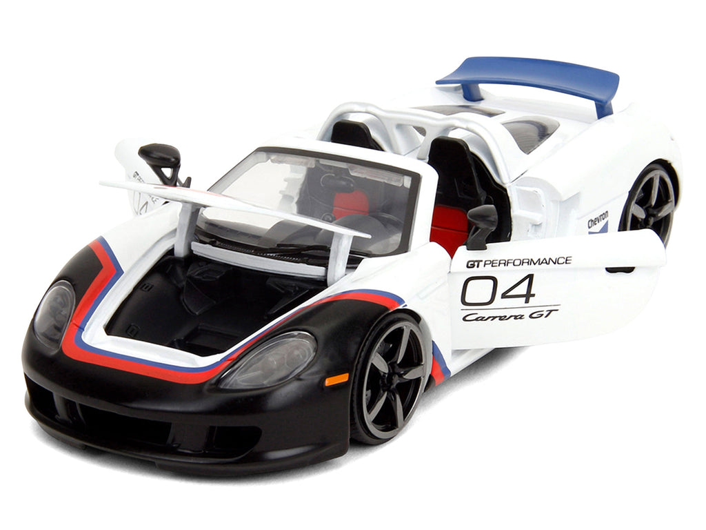 Porsche Carrera GT Convertible #04 "Chevron" White with Graphics "Hyper-Spec" Series 1/24 Diecast Model Car by Jada