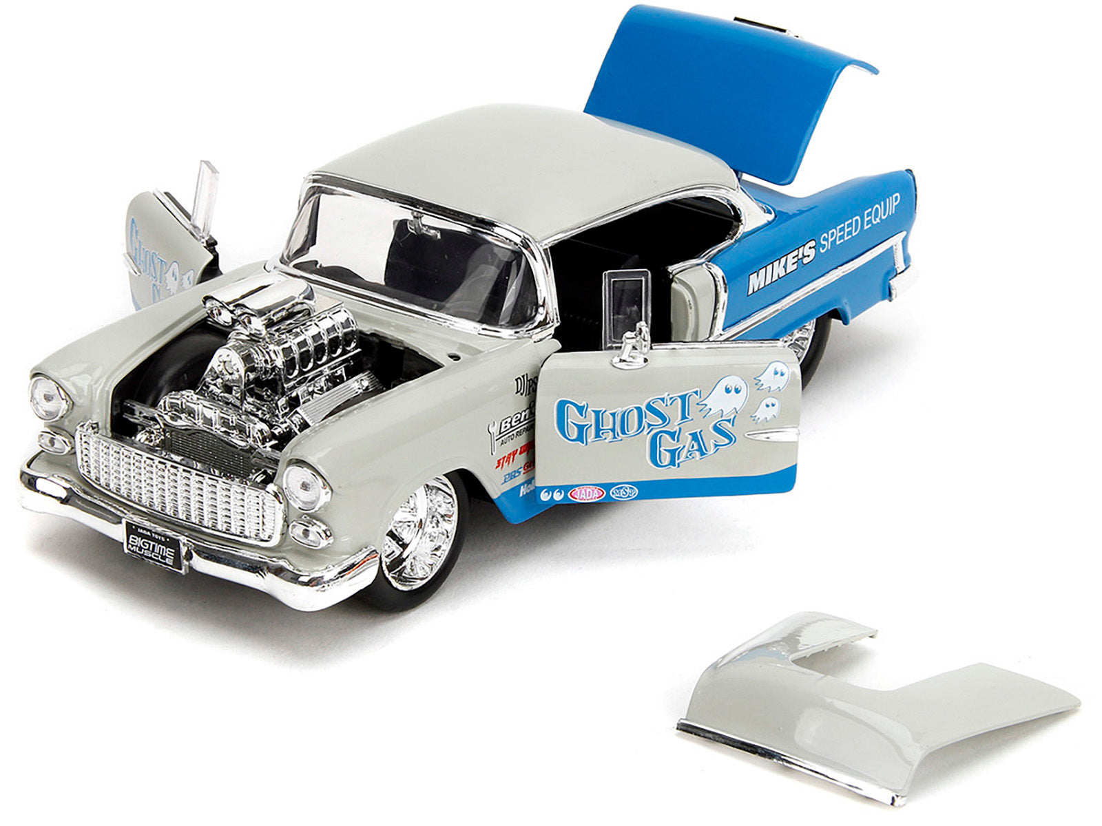 1955 Chevrolet Bel Air "Ghost Gas - Mike's Speed Equip" Light Gray and Blue "Bigtime Muscle" Series 1/24 Diecast Model Car by Jada