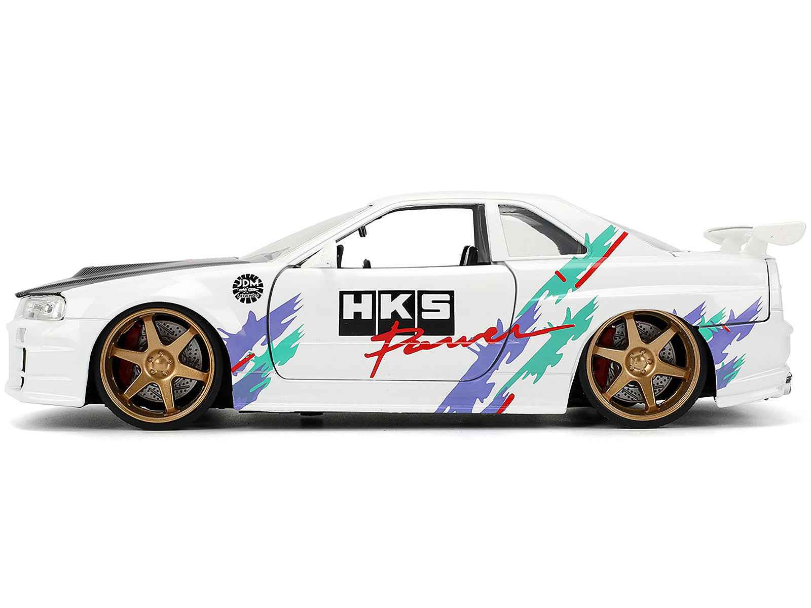 2002 Nissan Skyline GT-R (R34) RHD (Right Hand Drive) "HKS Power" White with Carbon Hood and Graphics "JDM Tuners" Series 1/24 Diecast Model Car by Jada