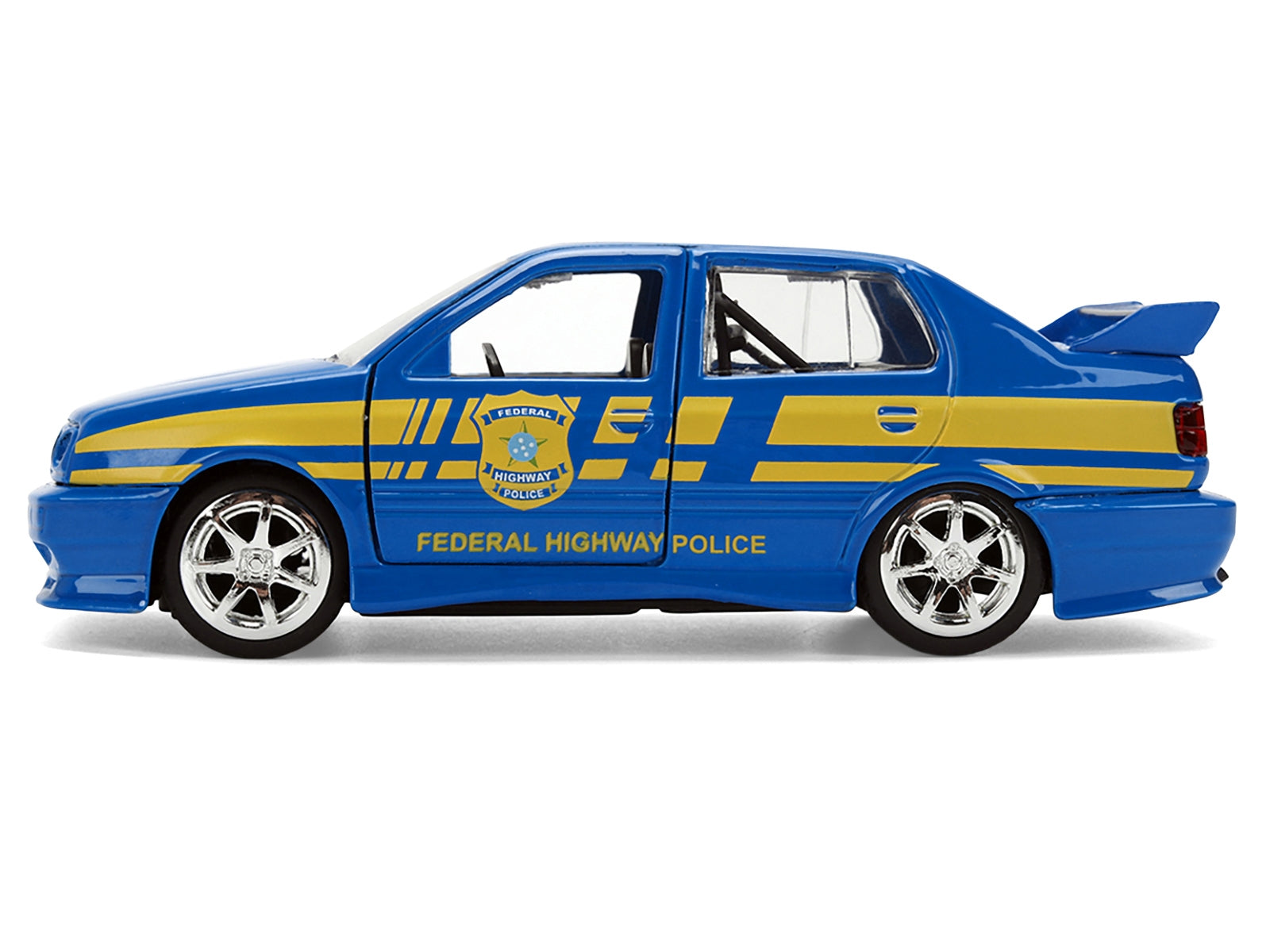 Volkswagen Jetta Police Vehicle "Rio Federal Highway Police" Blue with Yellow Stripes "Fast Five" (2011) Movie "Fast & Furious" Series 1/32 Diecast Model Car by Jada