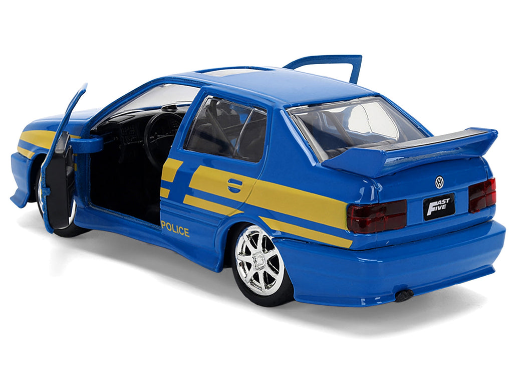 Volkswagen Jetta Police Vehicle "Rio Federal Highway Police" Blue with Yellow Stripes "Fast Five" (2011) Movie "Fast & Furious" Series 1/32 Diecast Model Car by Jada