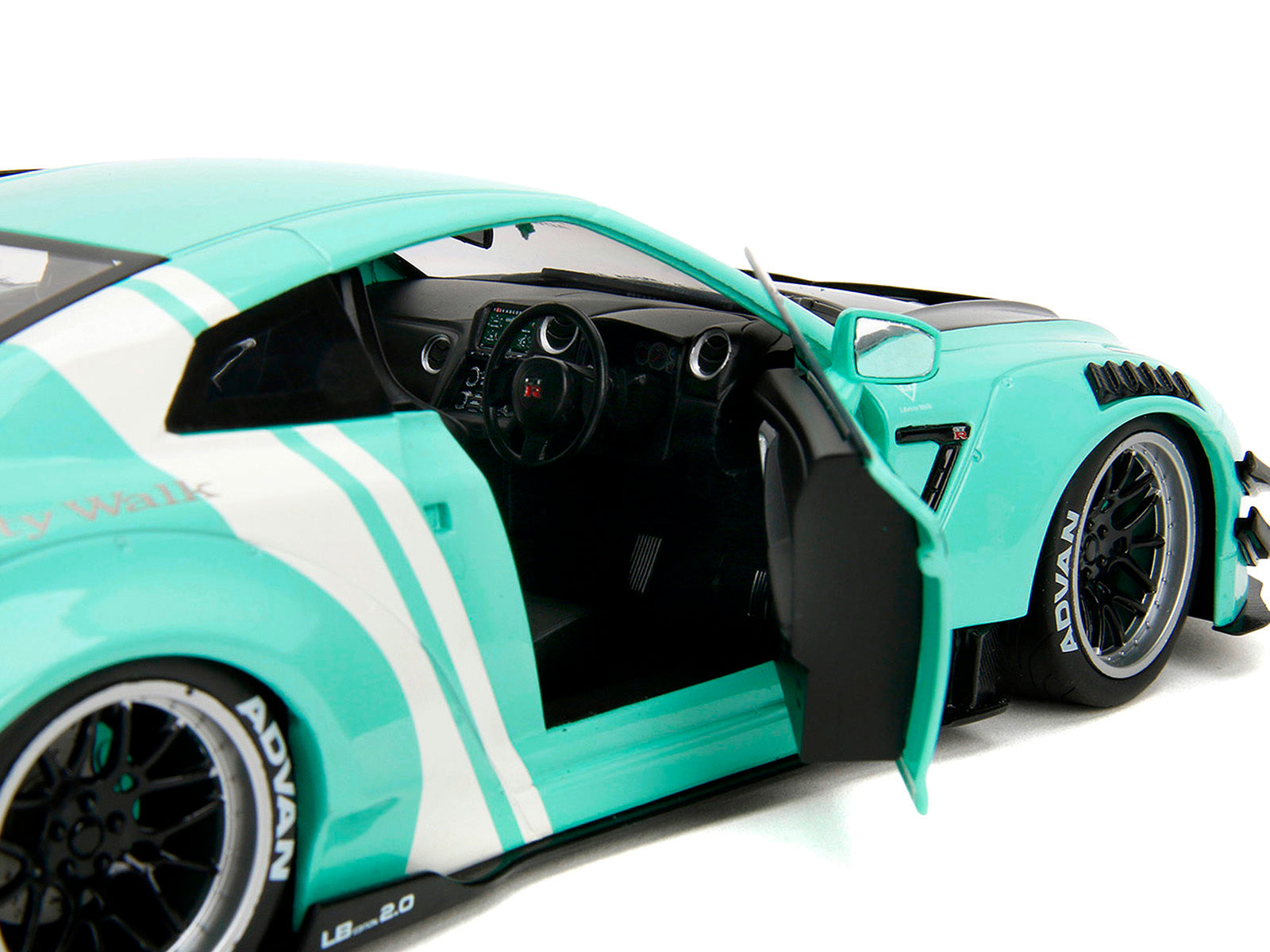 Nissan GT-R (R35) Liberty Walk Body Kit 2.0 RHD (Right Hand Drive) Light Blue with Black Hood and White Stripes "Pink Slips" Series 1/18 Diecast Model Car by Jada