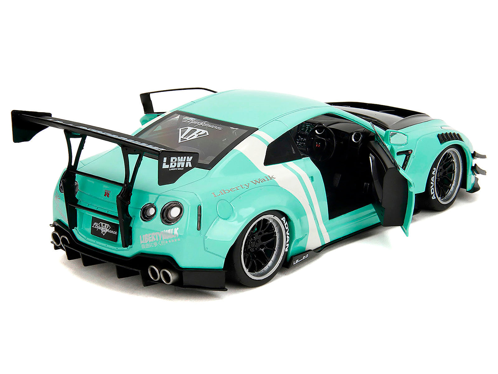 Nissan GT-R (R35) Liberty Walk Body Kit 2.0 RHD (Right Hand Drive) Light Blue with Black Hood and White Stripes "Pink Slips" Series 1/18 Diecast Model Car by Jada