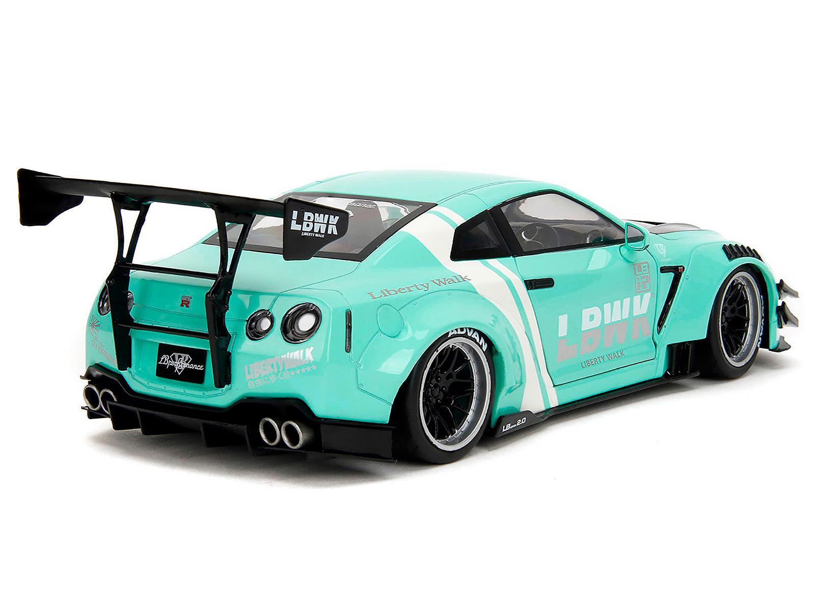 Nissan GT-R (R35) Liberty Walk Body Kit 2.0 RHD (Right Hand Drive) Light Blue with Black Hood and White Stripes "Pink Slips" Series 1/18 Diecast Model Car by Jada