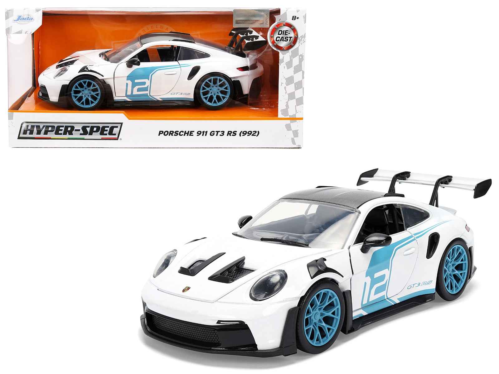 Porsche 911 GT3 RS (992) #12 White with Blue Stripes and Carbon Top "Hyper-Spec" Series 1/24 Diecast Model Car by Jada