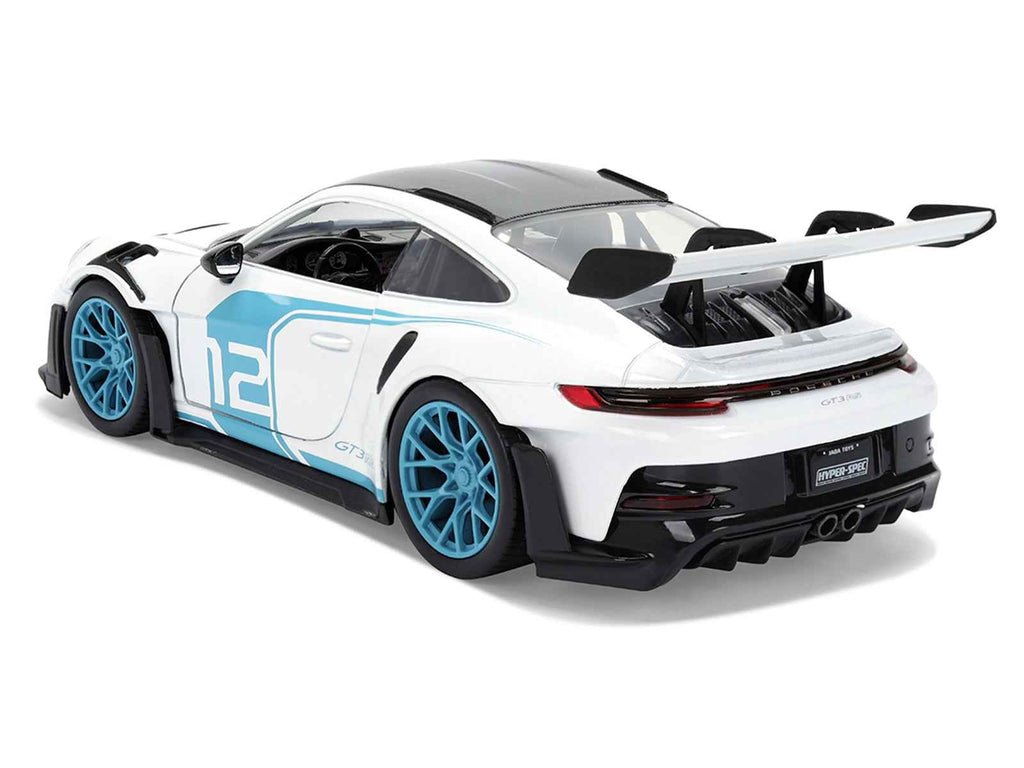 Porsche 911 GT3 RS (992) #12 White with Blue Stripes and Carbon Top "Hyper-Spec" Series 1/24 Diecast Model Car by Jada
