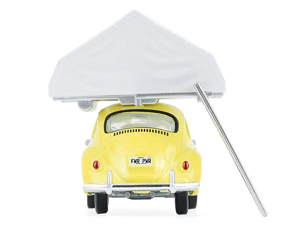 Volkswagen Classic Beetle Yellow with White Flower Graphics and Interior with Camp'otel Cartop Sleeper Tent "The Great Outdoors" Series 4 1/64 Diecast Model Car by Greenlight