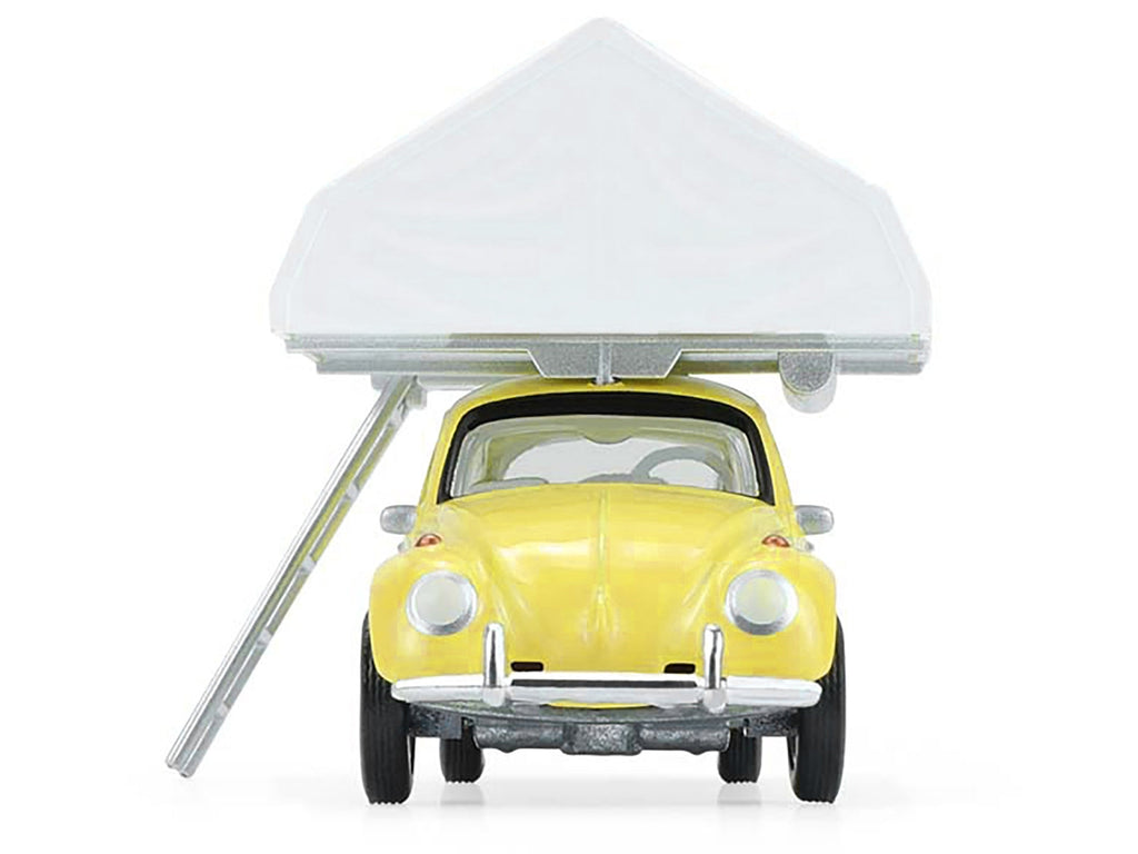 Volkswagen Classic Beetle Yellow with White Flower Graphics and Interior with Camp'otel Cartop Sleeper Tent "The Great Outdoors" Series 4 1/64 Diecast Model Car by Greenlight