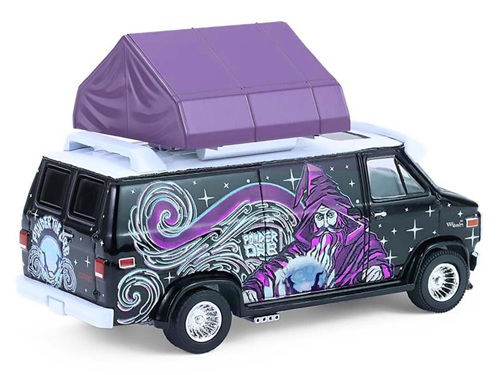 1978 GMC Vandura Custom Van Black with Wizard Graphics and White Top with Camp'otel Cartop Sleeper Tent "The Great Outdoors" Series 4 1/64 Diecast Model Car by Greenlight