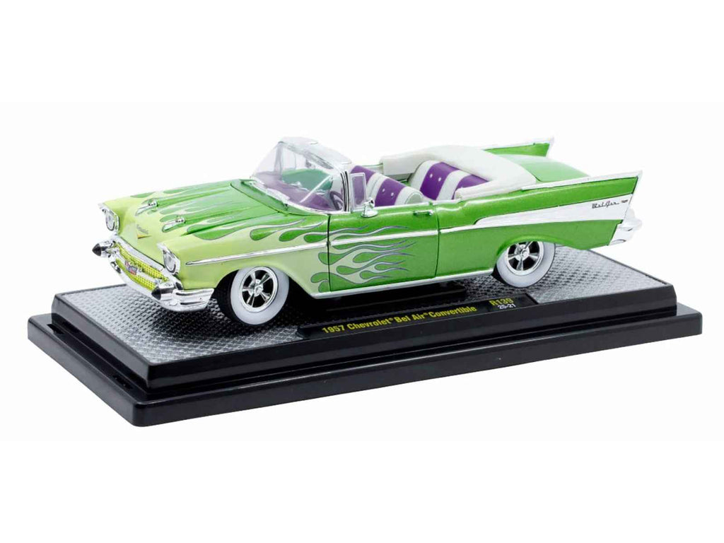 1957 Chevrolet Bel Air Convertible Green Metallic with Flame Graphics and Purple and White Interior Limited Edition to 4050 pieces Worldwide 1/24 Diecast Model Car by M2 Machines