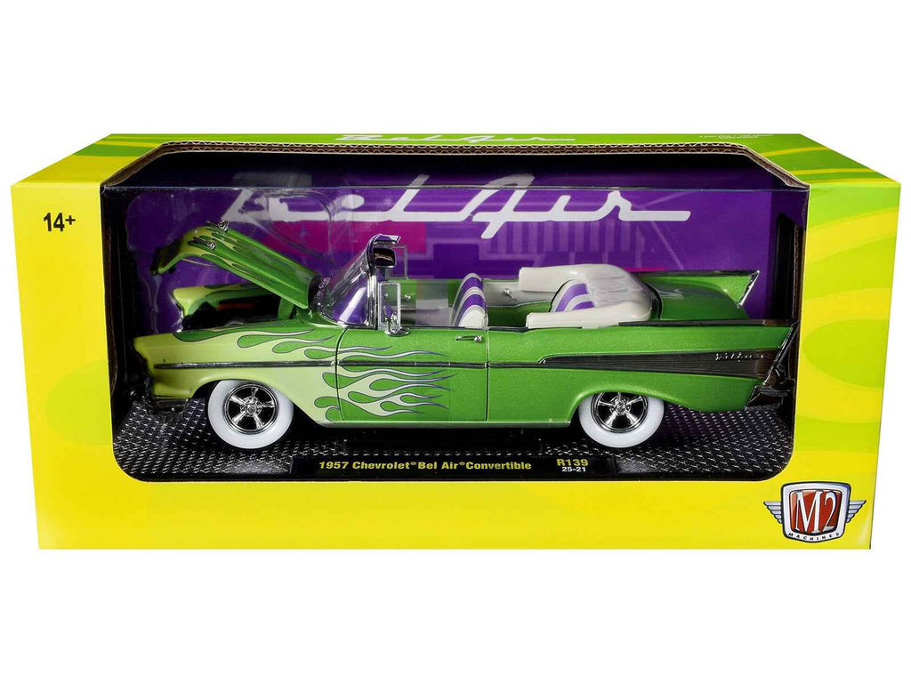 1957 Chevrolet Bel Air Convertible Green Metallic with Flame Graphics and Purple and White Interior Limited Edition to 4050 pieces Worldwide 1/24 Diecast Model Car by M2 Machines