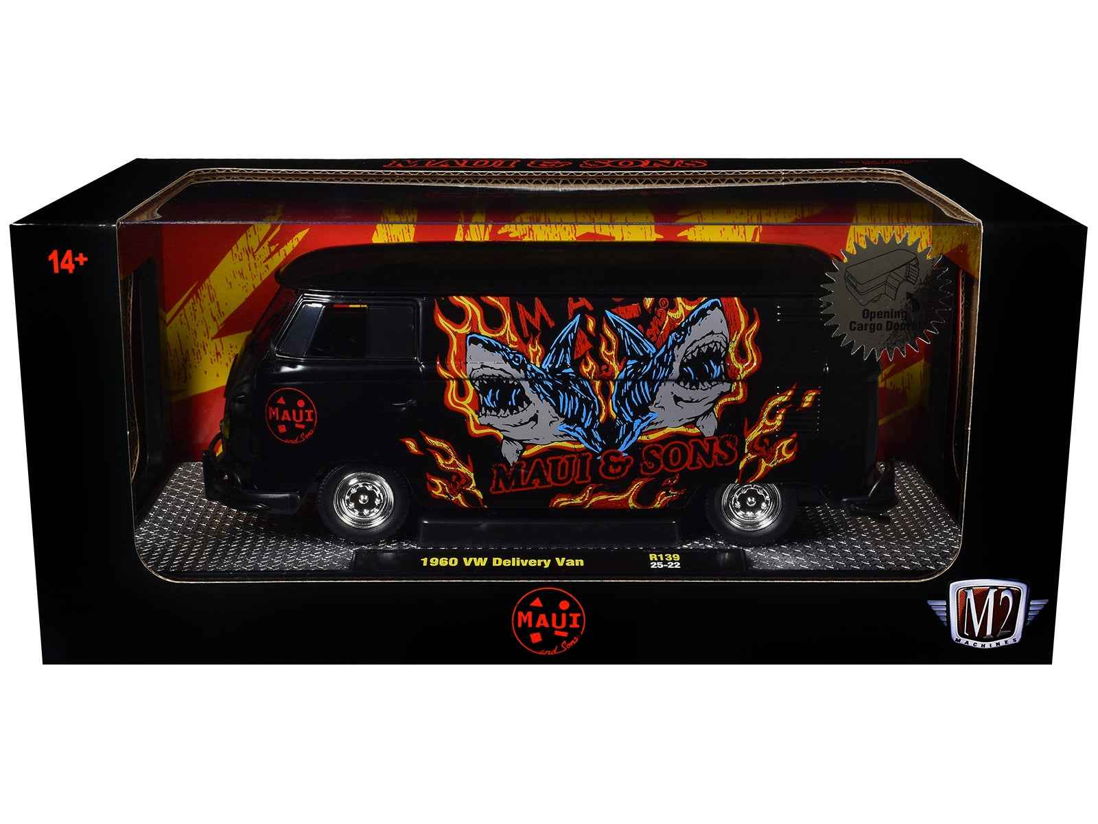 1960 Volkswagen Delivery Van "Maui & Sons" Black with Graphics Limited Edition to 4050 pieces Worldwide 1/24 Diecast Model Car by M2 Machines