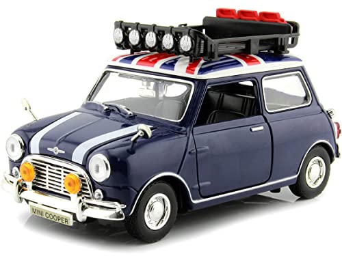Top-Pick | 1961-1967 Morris Mini Cooper RHD (Right Hand Drive) Dark Blue with British Flag on the Top and Roof Rack "City Classics" Series 1/18 Diecast Model Car by Motormax