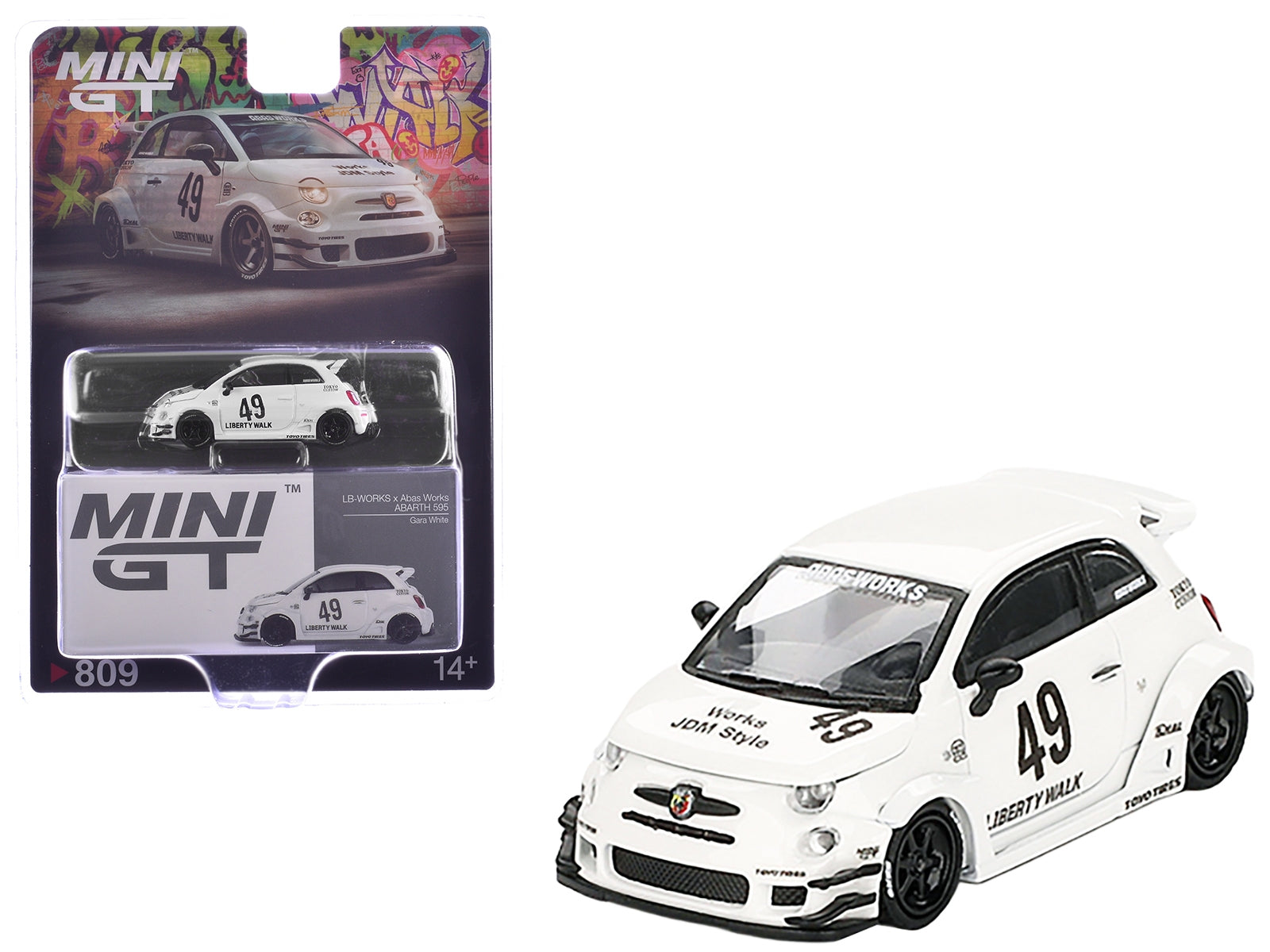 ABARTH 595 #49 "LB-Works x Abas Works" Gara White Limited Edition 1/64 Diecast Model Car by Mini GT
