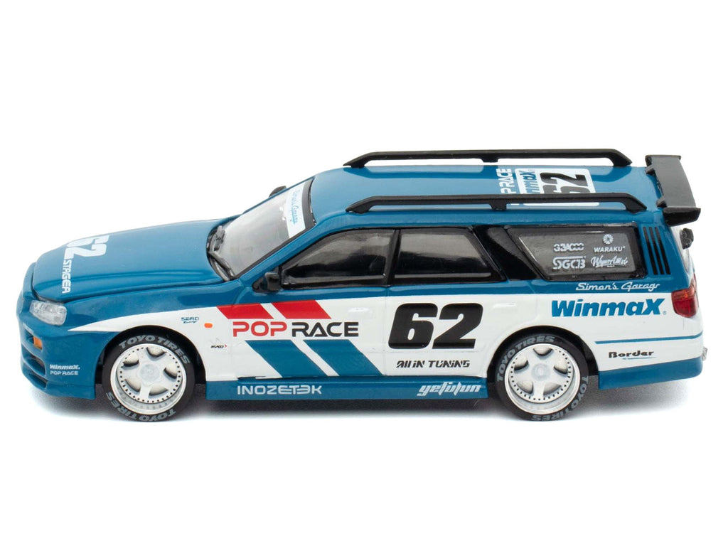 Nissan Stagea RHD (Right Hand Drive) #62 "Simon's Garage" Blue with White Sides 1/64 Diecast Model Car by Pop Race
