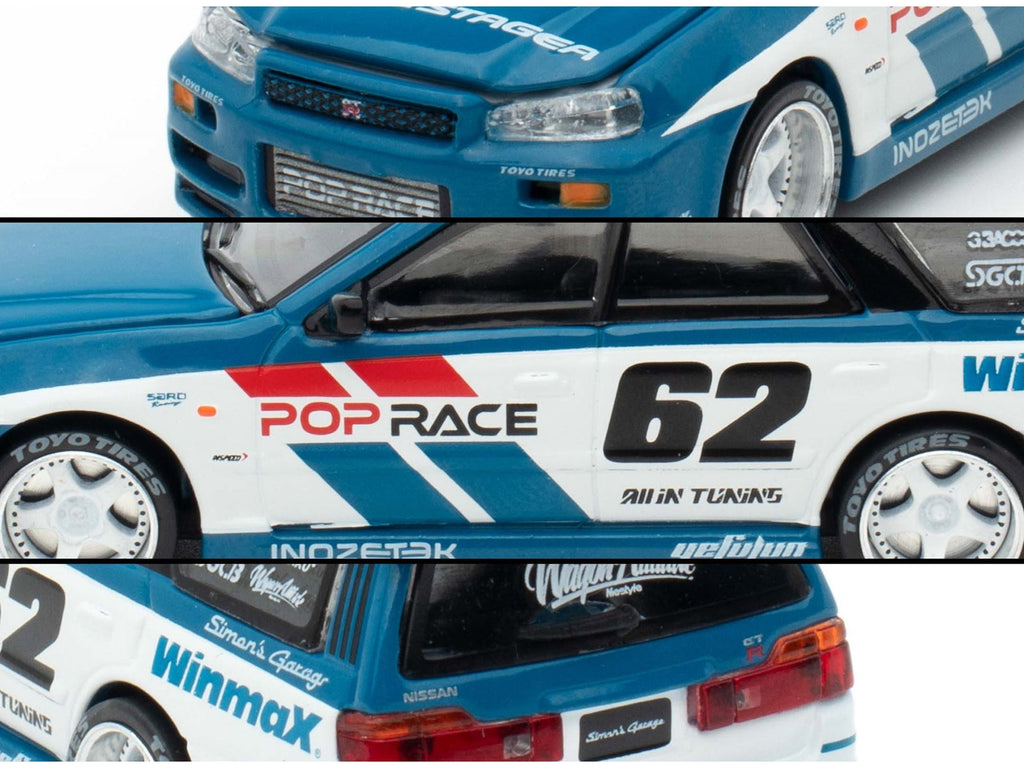 Nissan Stagea RHD (Right Hand Drive) #62 "Simon's Garage" Blue with White Sides 1/64 Diecast Model Car by Pop Race
