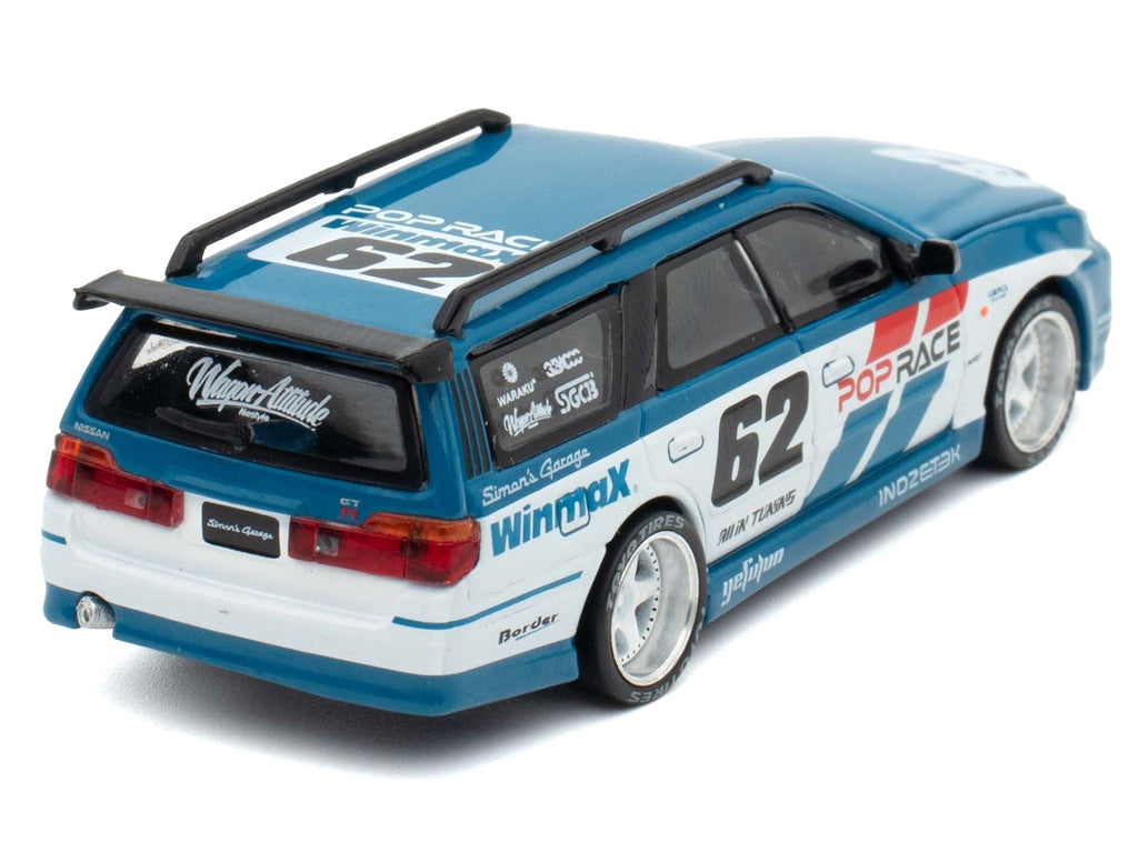 Nissan Stagea RHD (Right Hand Drive) #62 "Simon's Garage" Blue with White Sides 1/64 Diecast Model Car by Pop Race