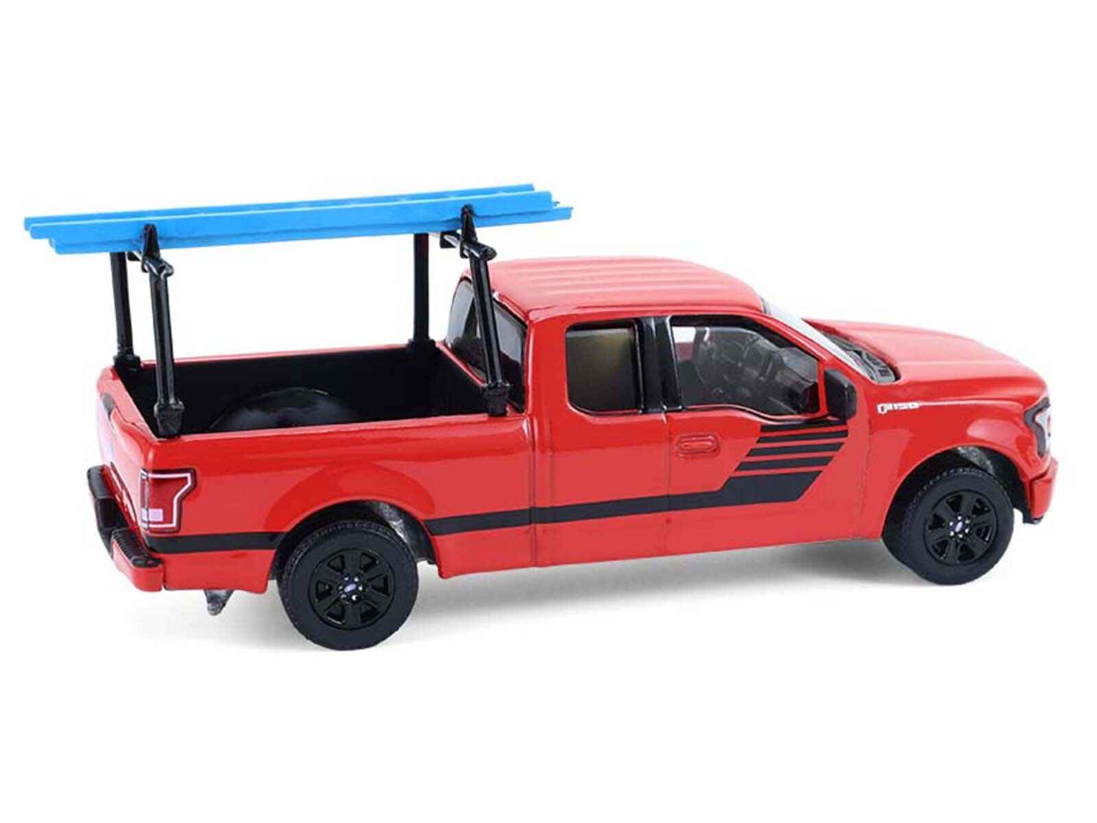 2015 Ford F-150 Pickup Truck with Ladder Rack Red with Black Stripes "Down on the Farm" Series 11 1/64 Diecast Model by Greenlight