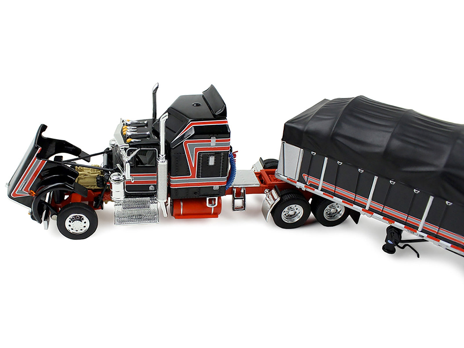Kenworth W900A with 60" Aerodyne Sleeper and 53' Wilson Roadbrute Flatbed Trailer with Covered Wagon Black with Red Stripes 1/64 Diecast Model by DCP/First Gear