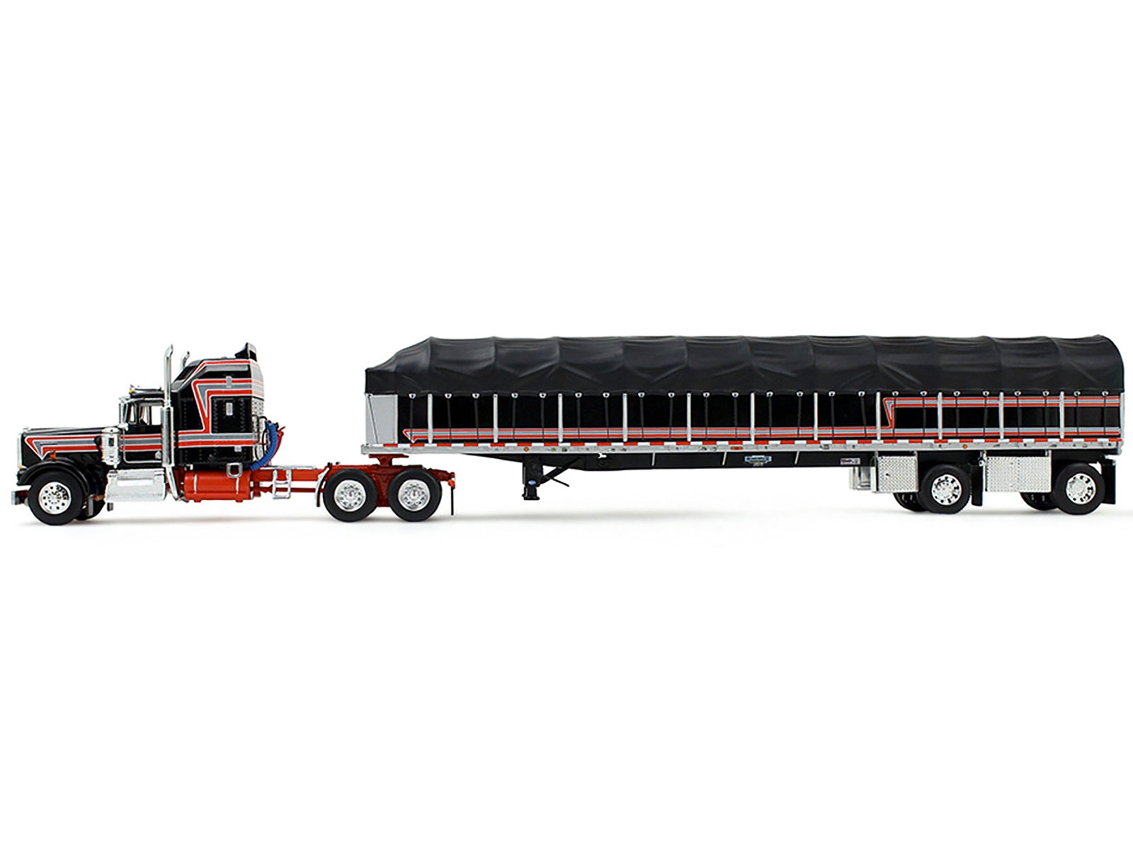 Kenworth W900A with 60" Aerodyne Sleeper and 53' Wilson Roadbrute Flatbed Trailer with Covered Wagon Black with Red Stripes 1/64 Diecast Model by DCP/First Gear
