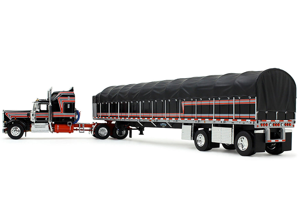 Kenworth W900A with 60" Aerodyne Sleeper and 53' Wilson Roadbrute Flatbed Trailer with Covered Wagon Black with Red Stripes 1/64 Diecast Model by DCP/First Gear