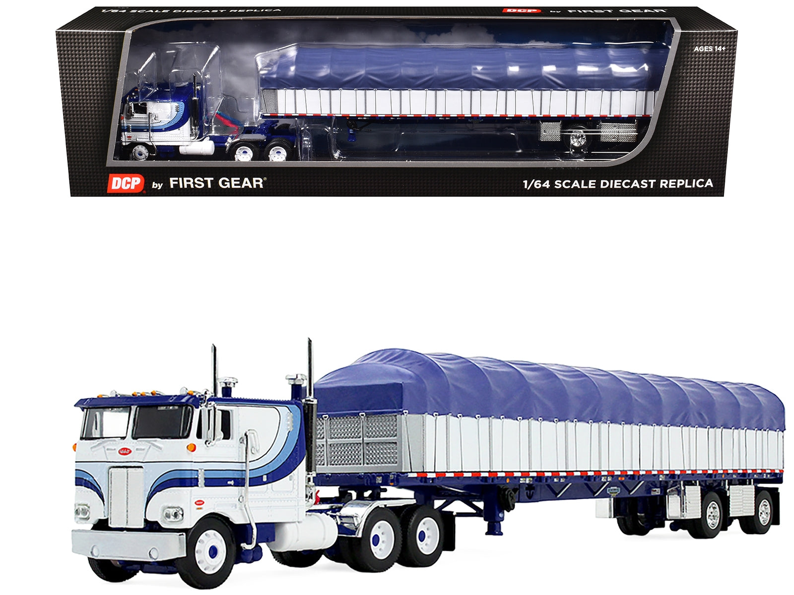 Peterbilt 352 COE 110" Sleeper and 53' Wilson Roadbrute Flatbed Trailer with Covered Wagon White with Blue Stripes 1/64 Diecast Model by DCP/First Gear