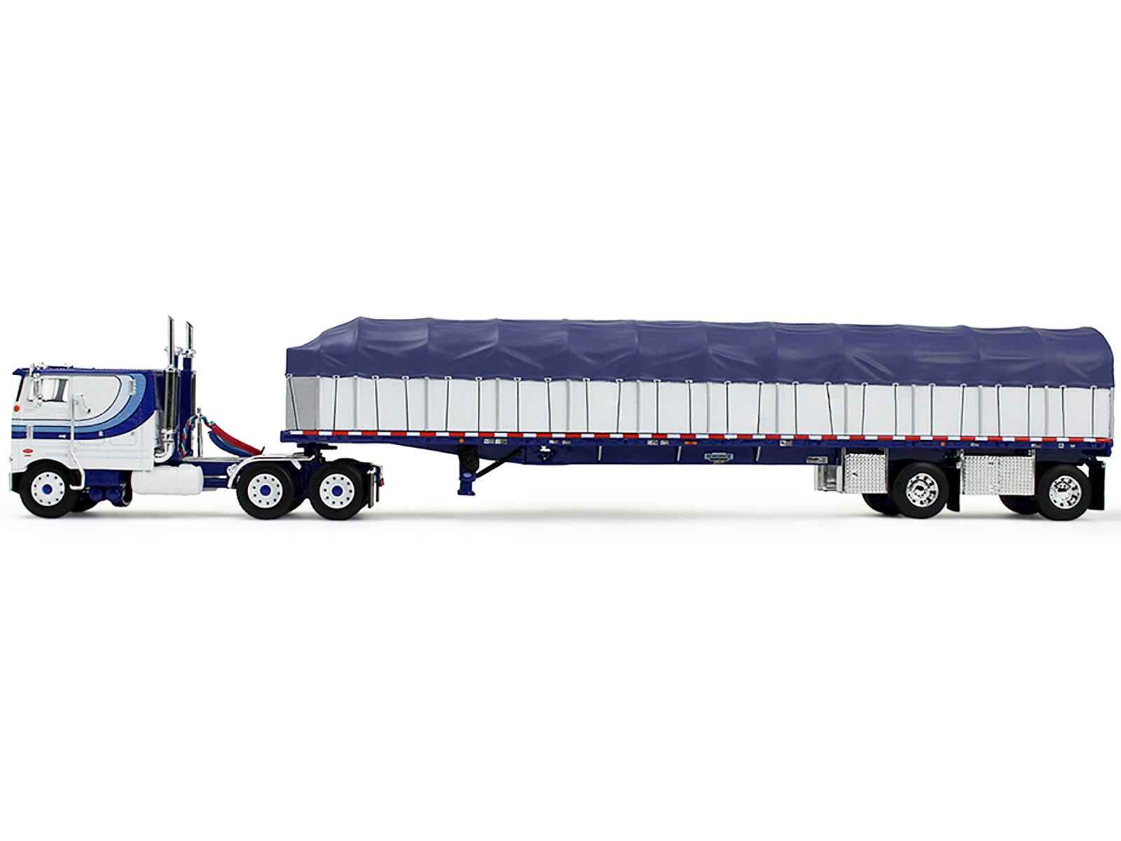 Peterbilt 352 COE 110" Sleeper and 53' Wilson Roadbrute Flatbed Trailer with Covered Wagon White with Blue Stripes 1/64 Diecast Model by DCP/First Gear