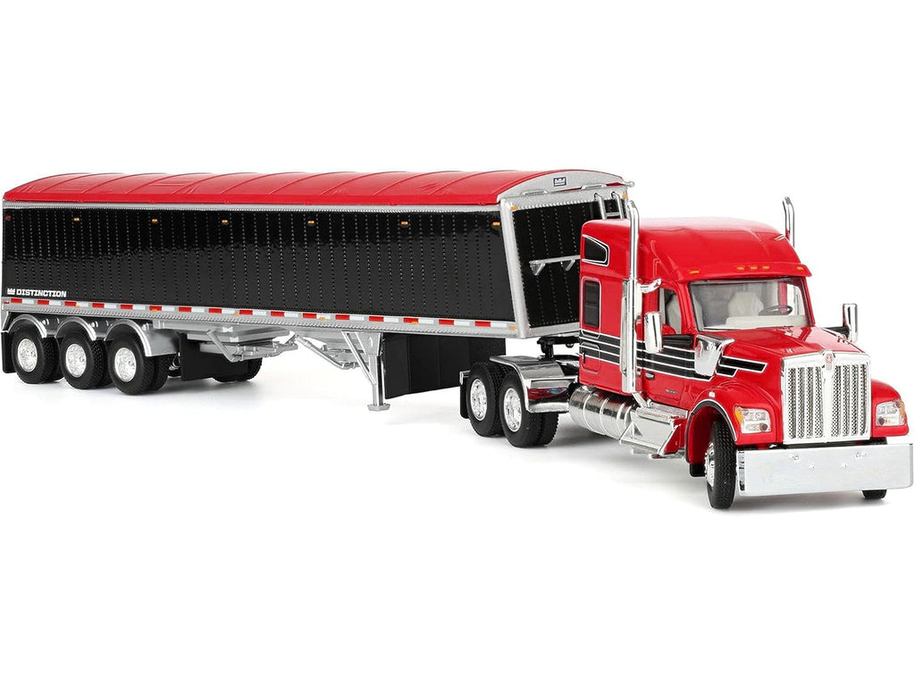 Kenworth W990 with 76" Mid-Roof Sleeper and Lode King Distinction Hopper Trailer Red and Black 1/64 Diecast Model by DCP/First Gear