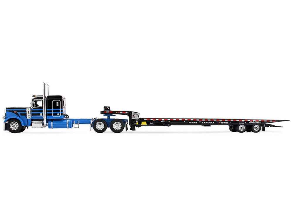 Peterbilt 389 with 48" Flat Top Sleeper and Landoll 440B-50CA Traveling Axle Trailer Black with Blue Stripes 1/64 Diecast Model by DCP/First Gear