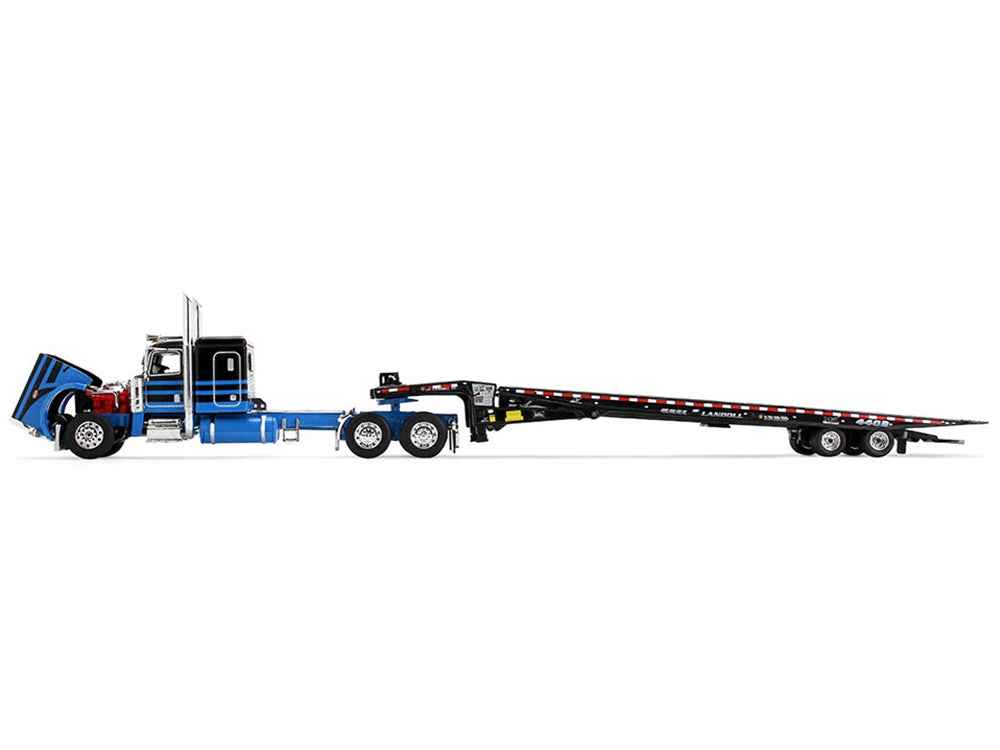 Peterbilt 389 with 48" Flat Top Sleeper and Landoll 440B-50CA Traveling Axle Trailer Black with Blue Stripes 1/64 Diecast Model by DCP/First Gear