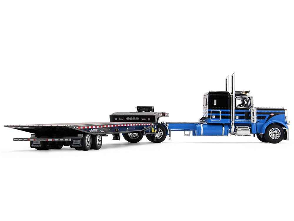 Peterbilt 389 with 48" Flat Top Sleeper and Landoll 440B-50CA Traveling Axle Trailer Black with Blue Stripes 1/64 Diecast Model by DCP/First Gear