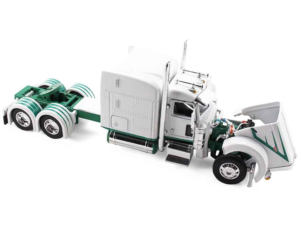 Peterbilt 389 with 63" Mid-Roof Sleeper and 53' Utility Trailer White with Green Stripes 1/64 Diecast Model by DCP/First Gear