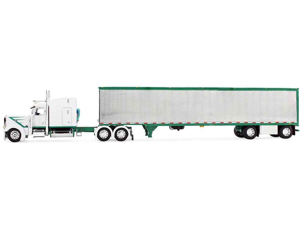 Peterbilt 389 with 63" Mid-Roof Sleeper and 53' Utility Trailer White with Green Stripes 1/64 Diecast Model by DCP/First Gear