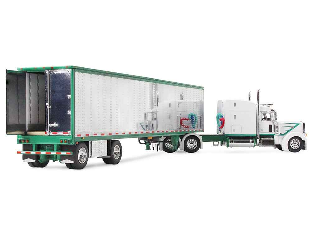 Peterbilt 389 with 63" Mid-Roof Sleeper and 53' Utility Trailer White with Green Stripes 1/64 Diecast Model by DCP/First Gear