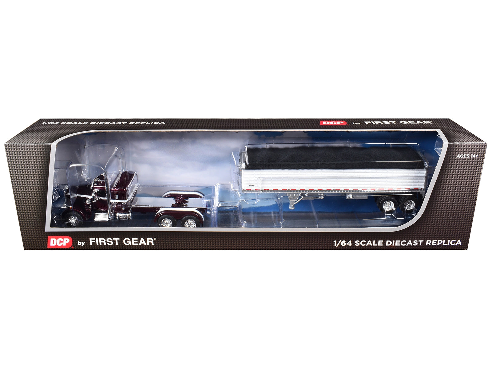 Peterbilt 351 with 36" Sleeper and 34' Wilson Pacesetter Grain Trailer Dark Cherry with White Stripes 1/64 Diecast Model by DCP/First Gear