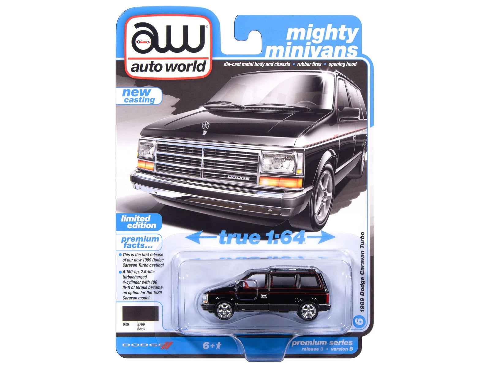 1989 Dodge Caravan Turbo Van Black with Red Stripes and Interior "Mighty Minivans" Series 1/64 Diecast Model Car by Auto World